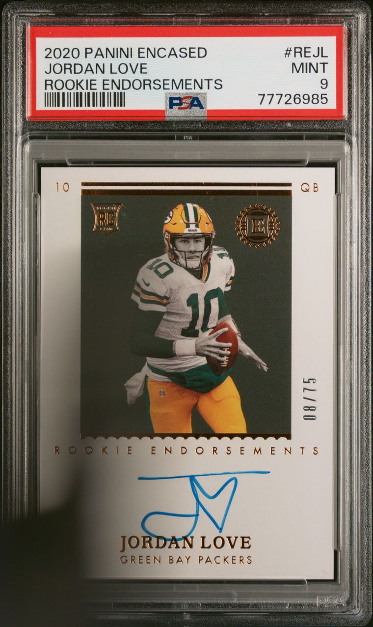 2020 PANINI ENCASED - JORDAN LOVE ROOKIE AUTOGRAPH - ROOKIE ENDORSEMENTS /75 PSA 9